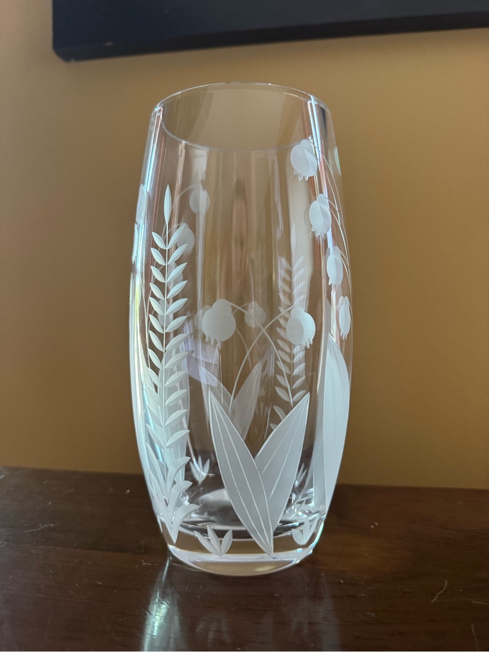 Tiffany & Co. Clear Glass Vase with White Etched Botanical Motif